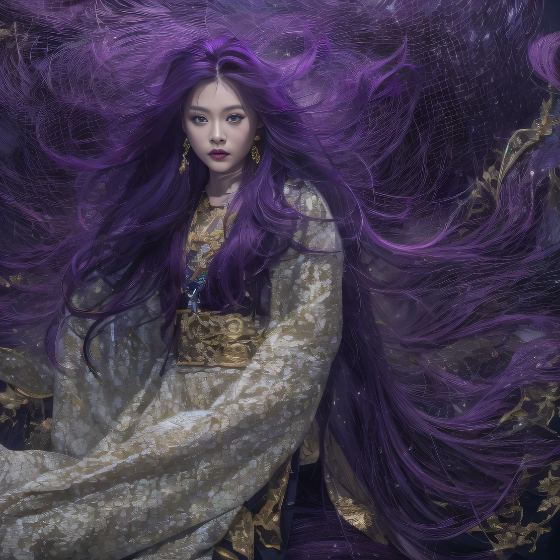 瑪瑙ガラステクスチャ 32K（傑作，キロ，ハイパーHD，32K）長く流れるような明るい紫色の髪，秋の池，咲く， 色， アジア人 （娘）， （赤いスカーフ）， 戦闘姿勢， 地面を見て， 長い白い髪， 浮かぶ鮮やかな紫色， 火雲模様のゴールドティアラ， 中国の長袖の金絹の衣服， （抽象的なインクの飛沫：1.2）， 白い背景，ロータスプロテクター（現実的に：1.4），明るい紫色の髪，道路上の煙，背景は純粋です， 高解像度， 詳細， RAW写真， シャープ， Nikon D850 フィルムストックフォト by Jefferies Lee 4 Kodak Portra 400 カメラ F1.6ショット, 豊かな色彩, 超リアルな鮮やかな質感, ドラマチックな照明, アンリアル エンジン アート ステーション トレンド, シネスティア 800，長く流れるような明るい紫色の髪