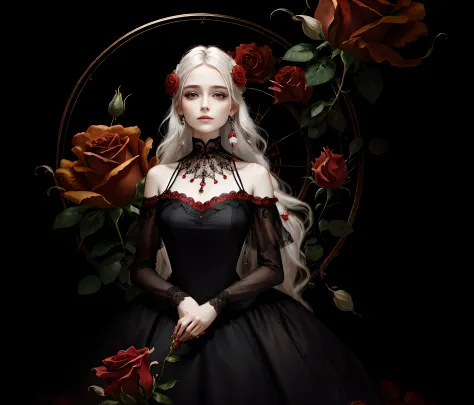 (best quality, masterpiece), (1woman, 25 years old, solo, black dress, standing, looking at viewer, white hair, red eyes, holding rose, closed mouth, full body), (red dreamcatcher behind, red flower)