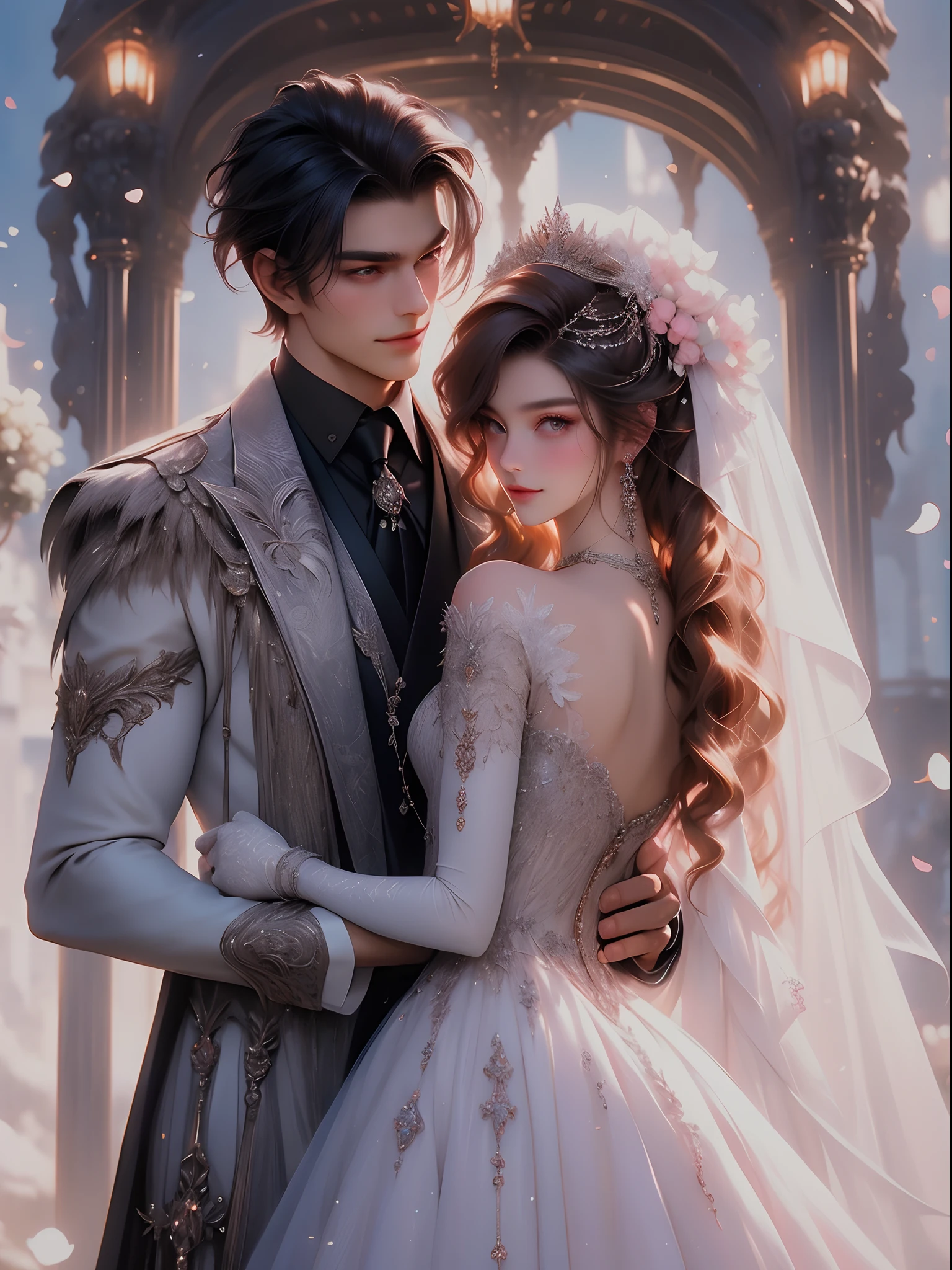 1girl, 1boy, dress, brown hair, wedding dress, jacket, hetero, necktie, couple, smile, strapless dress, closed eyes, pants, strapless, veil, flower, long hair, holding, jewelry, gloves, shirt, necklace, bouquet, white pants, holding bouquet, white dress, blue eyes, white shirt, open jacket, holding hands, elbow gloves, white gloves, white jacket, pink necktie, bridal veil, white background, wedding, husband and wife, long sleeves, long dress, pink flower, floating hair, short hair, standing, open clothes, collarbone, sleeveless