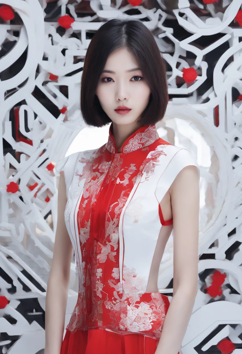 1 woman, White skirt, Red decoration, Chinese summer dress, Pale porcelain skin, Art in the style of Guvitz, Soft portrait shot 8 K, Pale young ghost girl, Porcelain white skin, By Russell Dongjun Lu, Pale milky porcelain skin, Elegant lady with alabaster skin