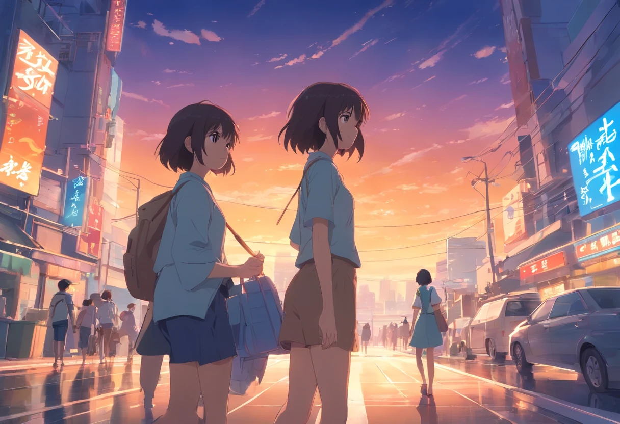 Anime anime girls standing in the middle of a city street - SeaArt AI