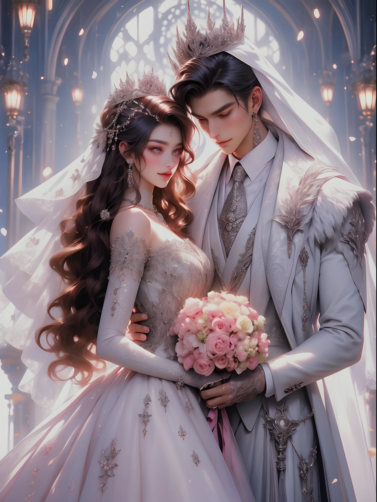 1girl, 1boy, dress, brown hair, wedding dress, jacket, hetero, necktie, couple, smile, strapless dress, closed eyes, pants, strapless, veil, flower, long hair, holding, jewelry, gloves, shirt, necklace, bouquet, white pants, holding bouquet, white dress, blue eyes, white shirt, open jacket, holding hands, elbow gloves, white gloves, white jacket, pink necktie, bridal veil, white background, wedding, husband and wife, long sleeves, long dress, pink flower, floating hair, short hair, standing, open clothes, collarbone, sleeveless