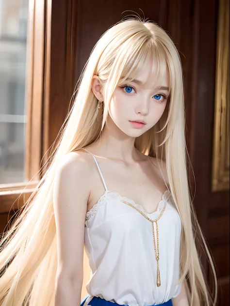 Beautiful super long straight hair、Bright blonde girl posing in white top、long bangs that extend to the eyes and nose,、fair skin with glossy skin、Real life girls、16yo girl、Beautiful platinum blonde girl shining in stunning gold color、Beautiful big blue eye...