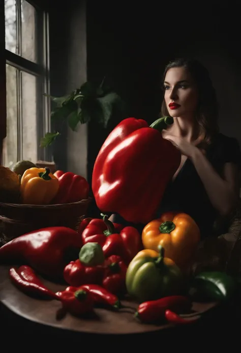 A large pepper, Holding a huge chili pepper, really large bosum ...