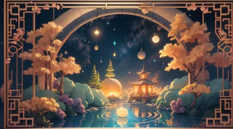 tmasterpiece，Best quality at best，（Very detailed CG unity 8K wallpaper），（Best quality at best），（Huge Full Moon、super moon、In the middle of thepicture）、Cloud、aquarelle、lakes、As estrelas、meteors、poster for、Mid-Autumn Festival、（adorable rabbit，Multiple rabbit...