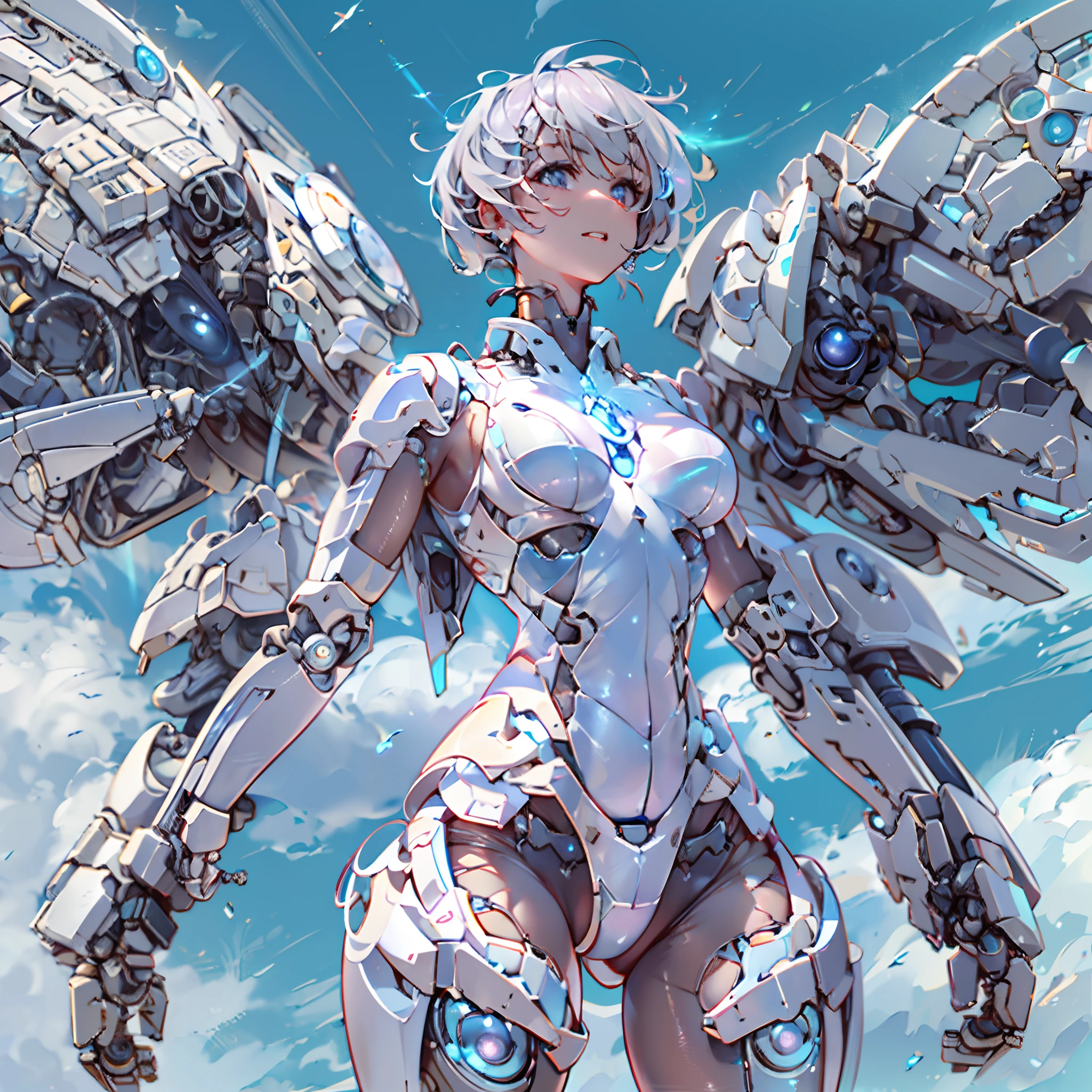 UHD, retina, anatomically correct, textured skin, super detail, best quality, highres(delicate detailed), (intricate details), (cinematic light, best quality Backlights), clear line, from below, solo female，perfect bodies，(1girl),,short hair,grey hair,grey eyes,bob head,(mechanical angel:1.4),(Projection light wing:1.3),mechanicalparts,White body paint,mecha musume,fusion mecha,mecha,(Bionic machinery(Dove):1.3),the sky background,(with blue sky and white clouds:1.3)