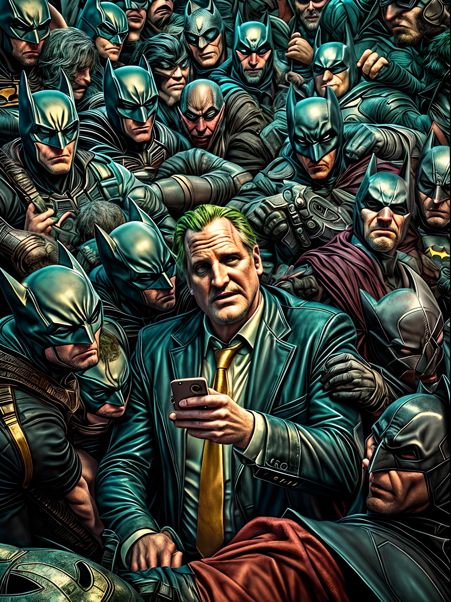 Jeff Daniels sendo selfie do Batman com fãs do Coringa. Capa preta com um logotipo dourado do Batman, Surrealismo, anáglifo, estereograma, tachi-e, pov, perspectiva atmosférica, 8K, Super Detalhe, preciso, melhor qualidade, na cidade de Gotham, tema examinado, Enquadramento perfeito, arte Moderna, Gravata roxa, cara séria, fundo complexo, [[Blaack e Ouro]], atmosfera cinza ardósia, iluminação perfeita, sombreamento perfeito, (photorealista:1.6), épico, realista, desaparecido, cores neutras, ((((HDR)))), ((((cores suaves)))), Intrincado scene, por bugmAIster, estação de arte, hiperdetalhado, tomada cinematográfica, luzes quentes, Luz dramática, Intrincado details, vinheta, renderização de octanagem, motor irreal, Altamente detalhado, Intrincado