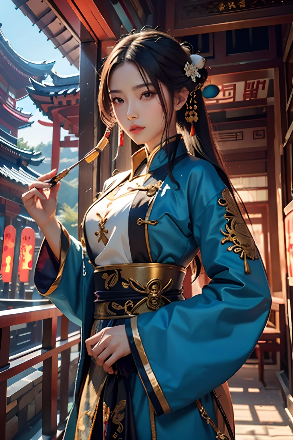 best qualtiy，tmasterpiece，Ultra-high resolution，（realisticlying：1.4），xiuxian，missiles，Detail Make，
1girll，solo，missiles，，（Magical Circle：1.2），xiuxian，The upper part of the body，a beauty girl，full bodyesbian，east asian architecture，jacket，buliding，Raised sexy
