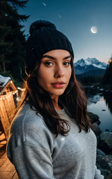 photorealistic, best quality, hyper detailed, beautiful woman, selfie photo, upper body, solo, wearing pullover, outdoors, (night), mountains, real life nature, stars, moon, (cheerful, happy), sleeping bag, gloves, sweater, beanie, flashlight, forest, rock...
