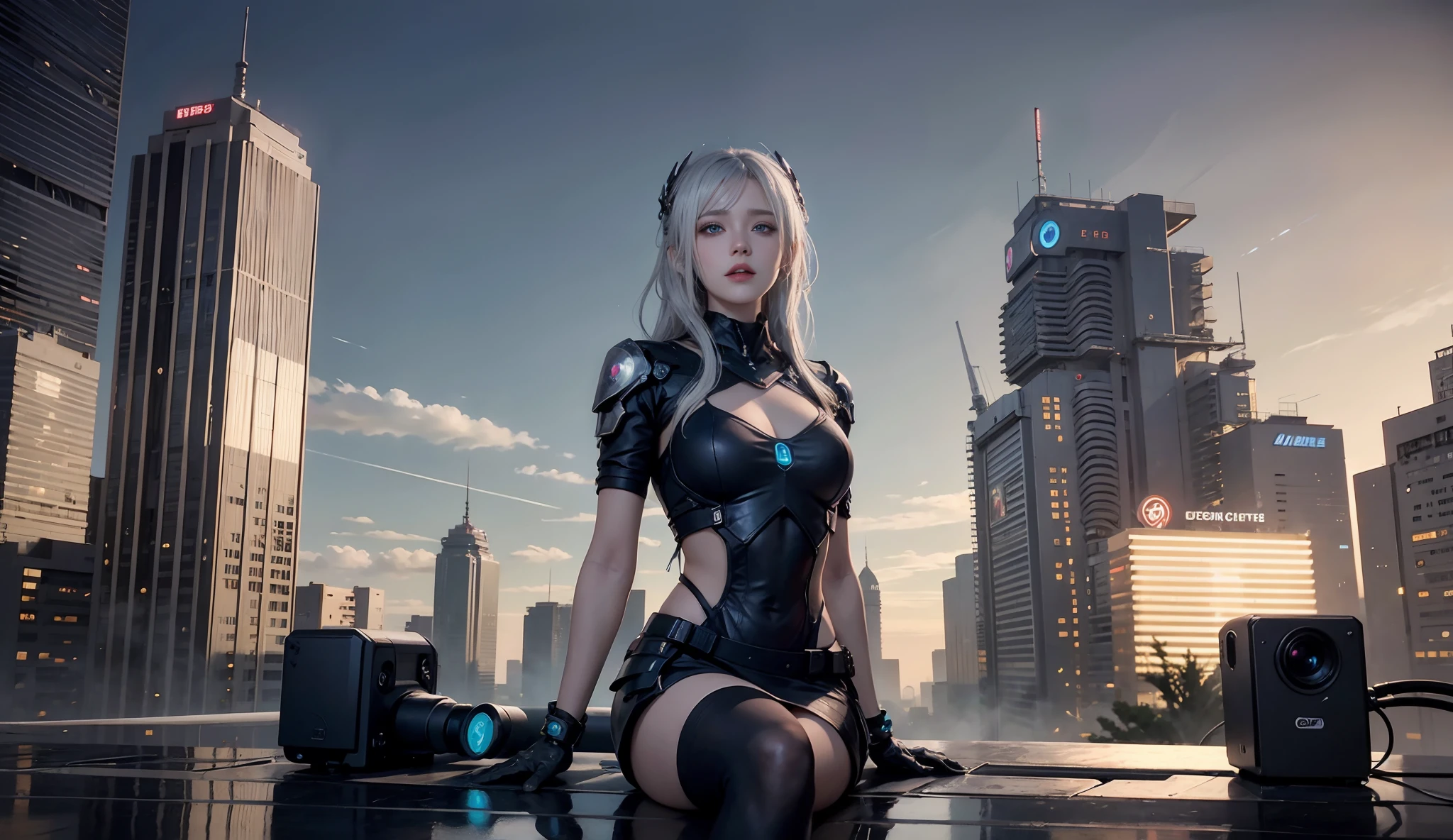 A silver-haired woman sits on the wall， anime cyberpunk art， cyberpunk anime art， female cyberpunk anime girl， cyberpunk anime girl， Fantastic cyberpunk girl， cyber punk Girl， anime cyberpunk， cyberpunk beautiful girl， Digital cyberpunk anime art， a teen cyberpunk cyborg， neonpunk， Miss Seiburg， high quality cyberpunk art， Anime cyberpunk moderno，machine arm, Solve the problem correctly，Sci-fi headdress, Exquisite sci-fi set，Intricate garment details，Bioluminescence system，Raised sexy，Feminine expression，Ray traching，NVIDIA RTX，Hyper-Resolution，Unreal 5，sub surface scattering，PBR Texture，Post-processing，Anisotropic filtering，depth of fields，Maximum clarity and sharpness，Many-Layer Textures，Albedo e mapas Speculares， Surface coloring，Accurate simulation of photo-material interactions，perfectly proportions，rendering by octane，twotonelighting，Low ISO，White balance，trichotomy，largeaperture，8K original，High-Efficiency Sub-Pixel，filmgrain，Luminous Particle，facing at camera，looking toward the viewer，Golden section，8 k hd wallpaper。