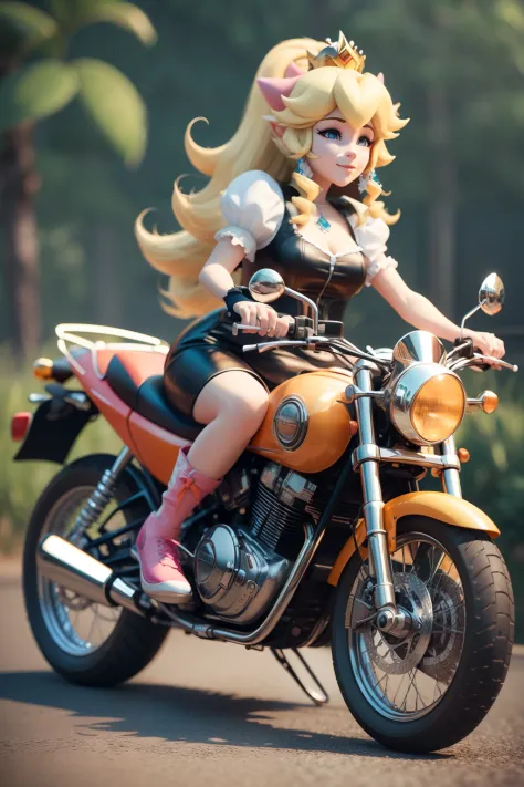 3d rendering style princess peach, riding a rice motorbike