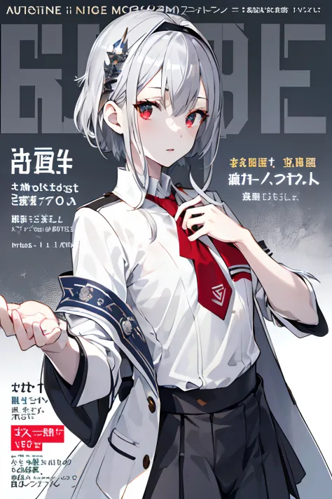 (masuter piece,Best Quality,Ultra-detailed), (A detailed face),portlate, hight resolution, 1girl in, (front-facing view), silber hair, Silver-haired student council president, School uniform,White coat, Red armband Flat chest, King of Knowledge, (Beautiful...
