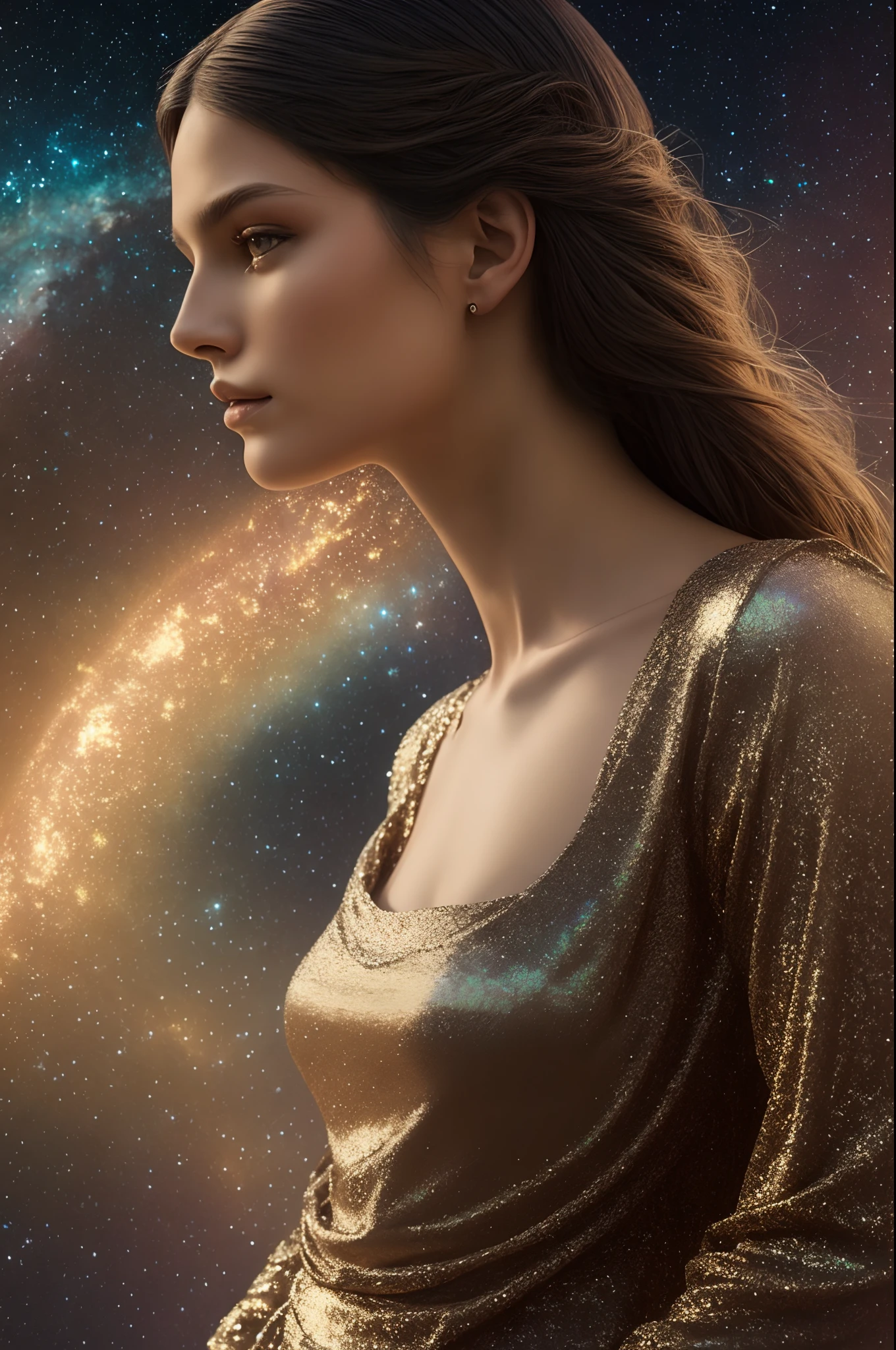 A wandering lady, intricate,hyperrealistic,best quality ,In Silk Iridescent Texture, dark portrait, modern and trendy style, soft and feminine aesthetic, natural lighting,cosmic burning background, high-quality details