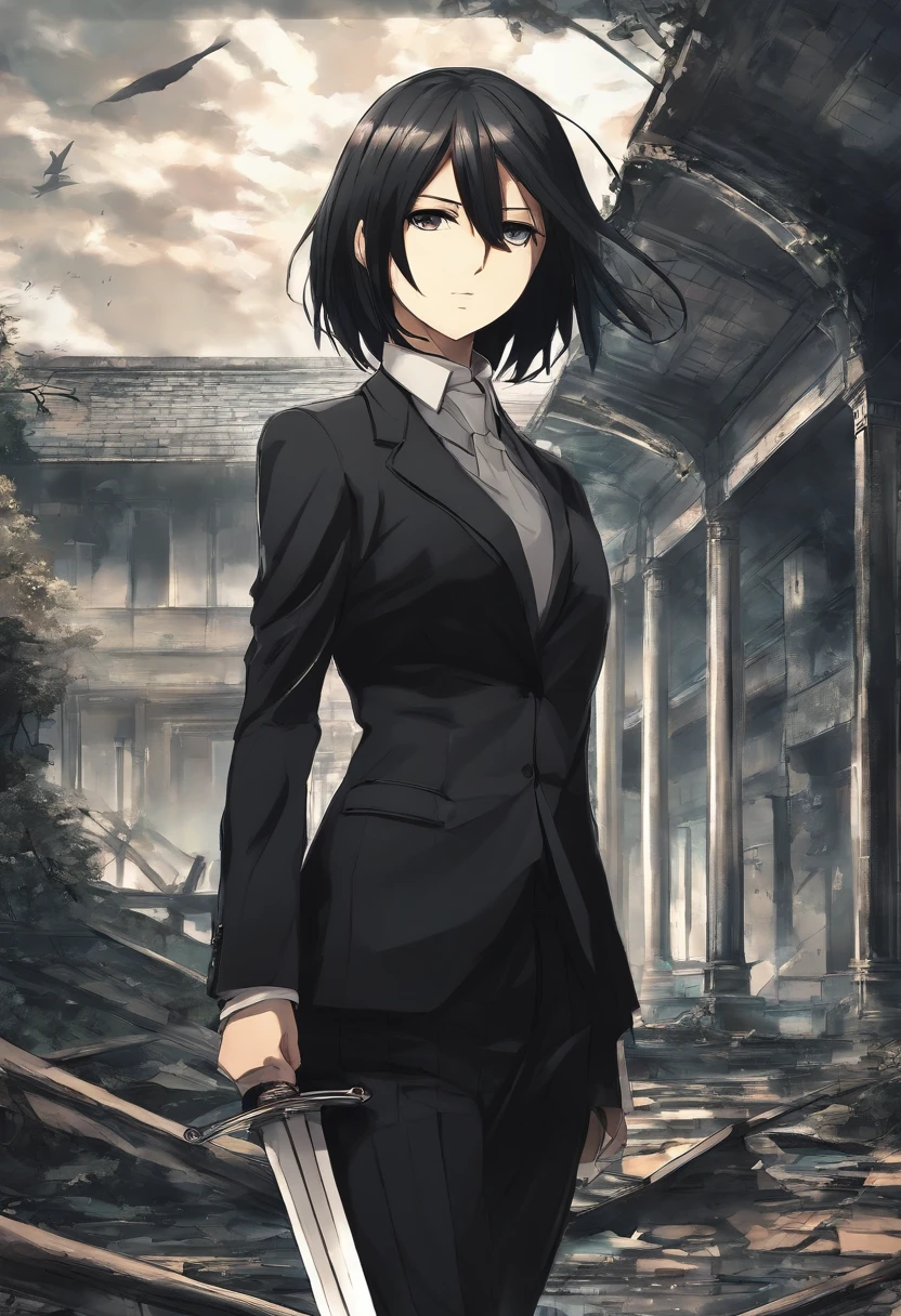 Mikasa Ackerman, dressed in elegant black suit, with a sword in her way ...