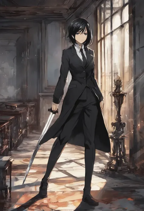 Mikasa Ackerman, dressed in elegant black suit, with a sword in her way ...