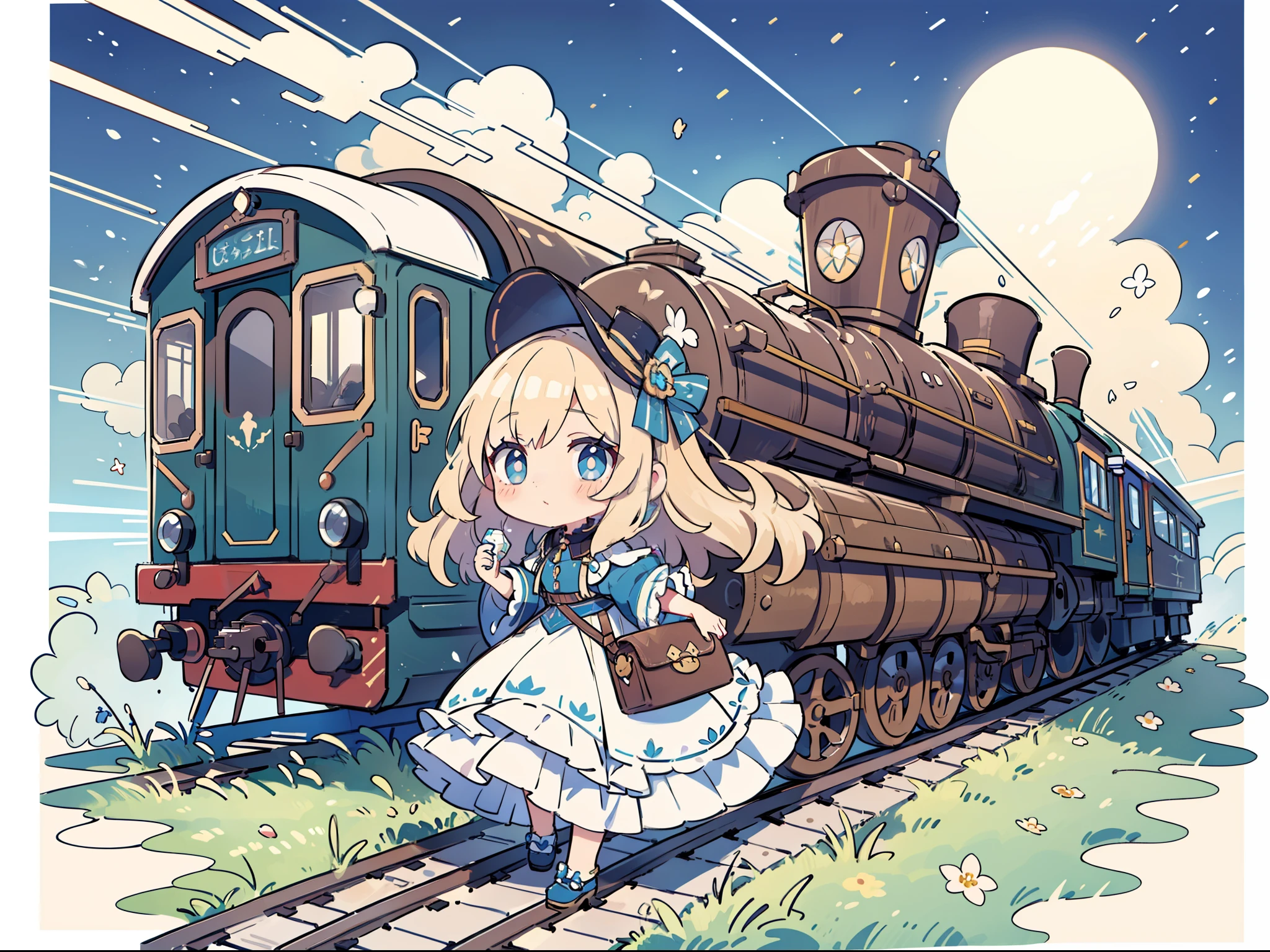 A brick-built station with a steam locomotive stopping and a female traveler carrying a travel bag. She has a beautiful face and shining eyes of bright colors. She wears elaborate and delicate ornaments. Fantastic station platform with train illuminated by moonlight. Detailed drawing. Vivid colors. High image quality.