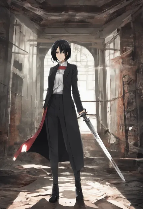 Mikasa Ackerman, dressed in elegant black suit, with a sword in her way ...