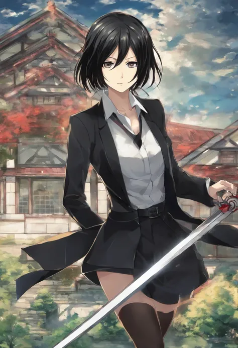 Mikasa Ackerman, dressed in elegant black suit, with a sword in her way ...