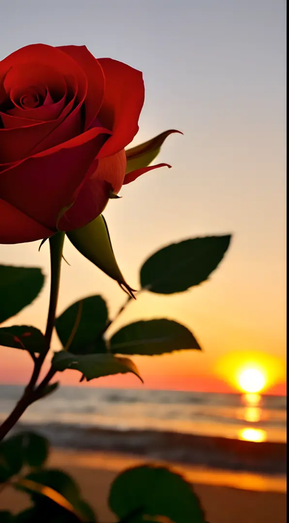 Close-up shot, a rose flower, the background is the gorgeous sunset by the sea, real texture, warm