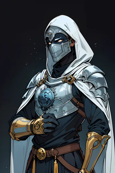 Mystic archer warrior, Detailed clear eyes, Dark blue and black details, yellow light background, (Hood), Loose and thick clothi...