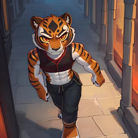 [mastertigress], [Uploaded to e621.net; (Pixelsketcher), (wamudraws)], ((masterpiece)), ((solo portrait)), ((full body)), ((bird's-eye view)), ((feet visible)), ((furry; anthro tiger)), ((detailed fur)), ((cel shading)), ((intricate details)), ((detailed s...