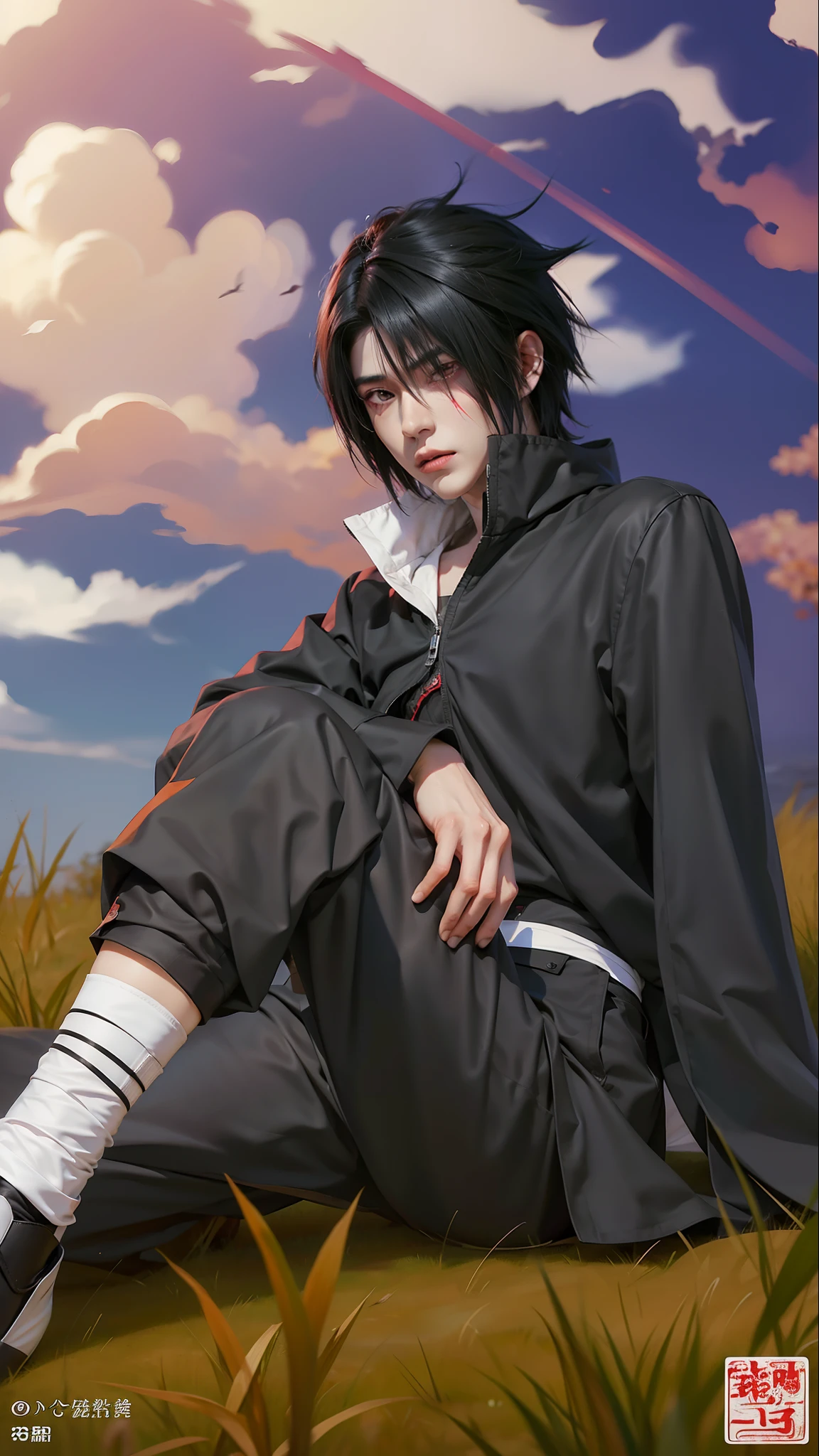 1인, uchiha sasuke in anime naruto, 짧은 머리 , 흑발, 빨간 눈, 멋있는, 검은 옷, 현실적인 clothes, 디테일 옷, 야외 배경, 울트라 디테일, 현실적인