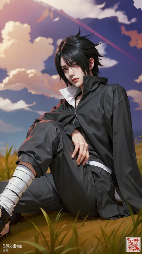 1man, uchiha sasuke in anime naruto, short hair , black hair, red eyes, handsome, black clothes, realistic clothes, detail cloth...