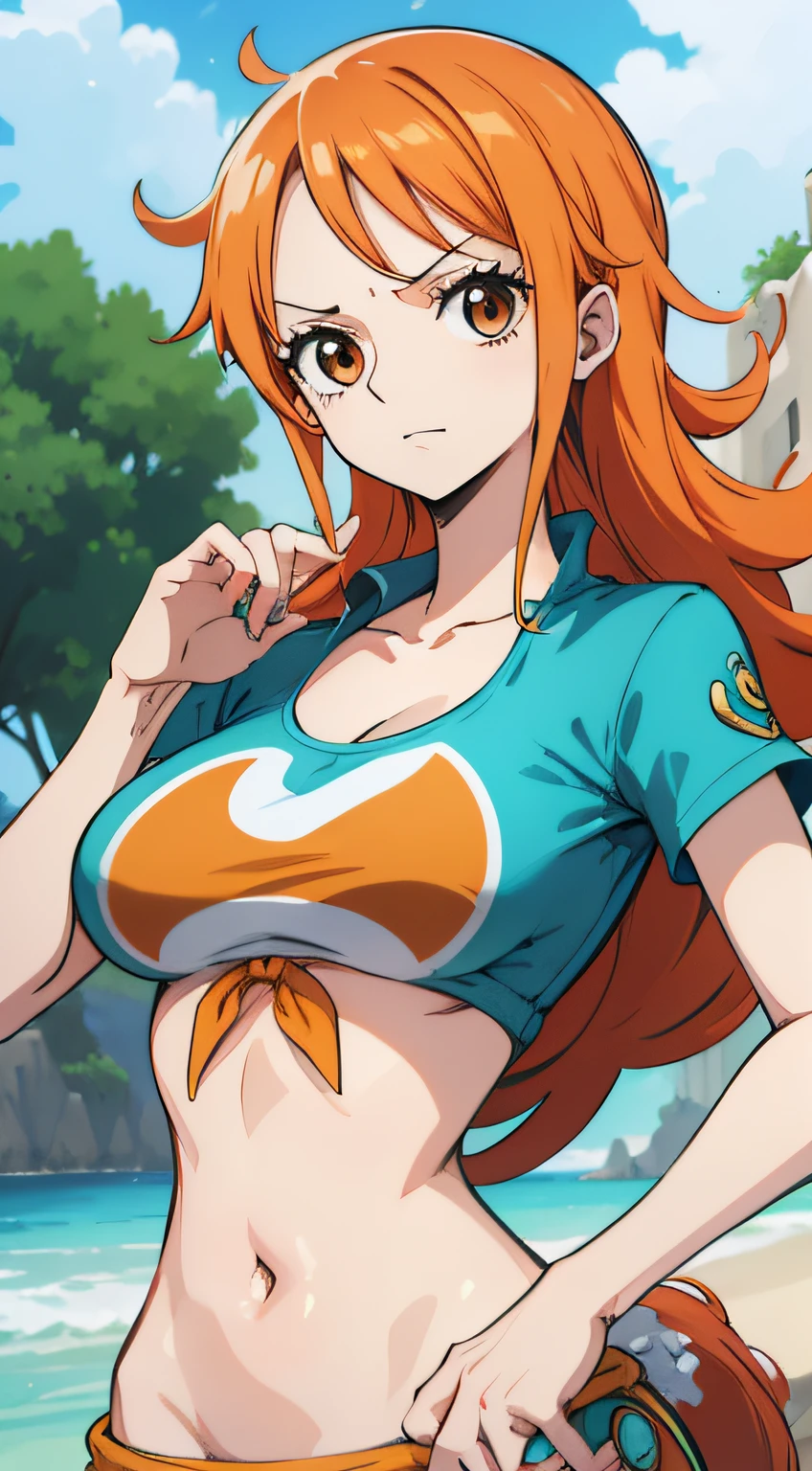 Generate a realistic anime-style image of Nami from One Piece. Capture her distinctive look with orange hair, a blue and white striped shirt, and a cheerful expression. Make sure the picture reflects your adventurous and confident personality as shown in the anime.., Whole body, Wide plan , NSFW, Curvy athletic body, Island background,bra top, Skirt, orange eyes, orange eyes