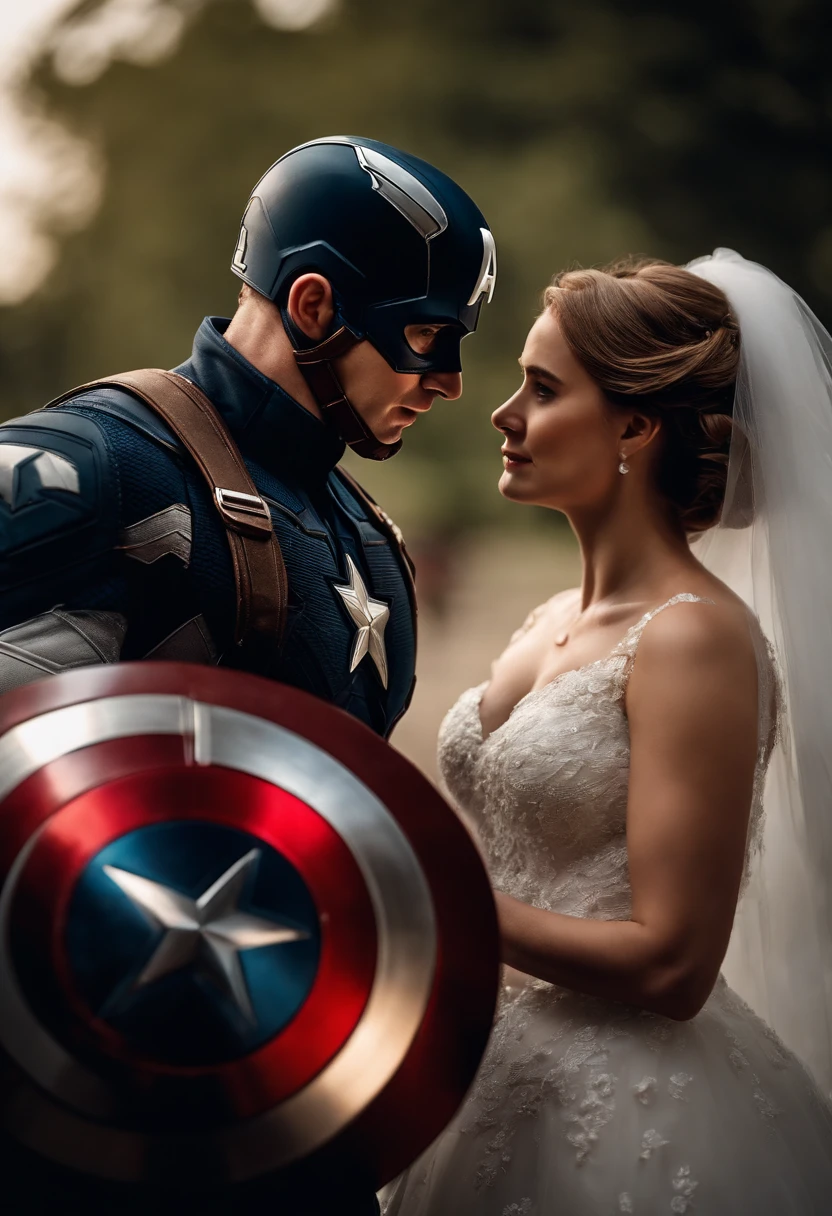 A bride and groom dressed up in captain america costumes SeaArt AI