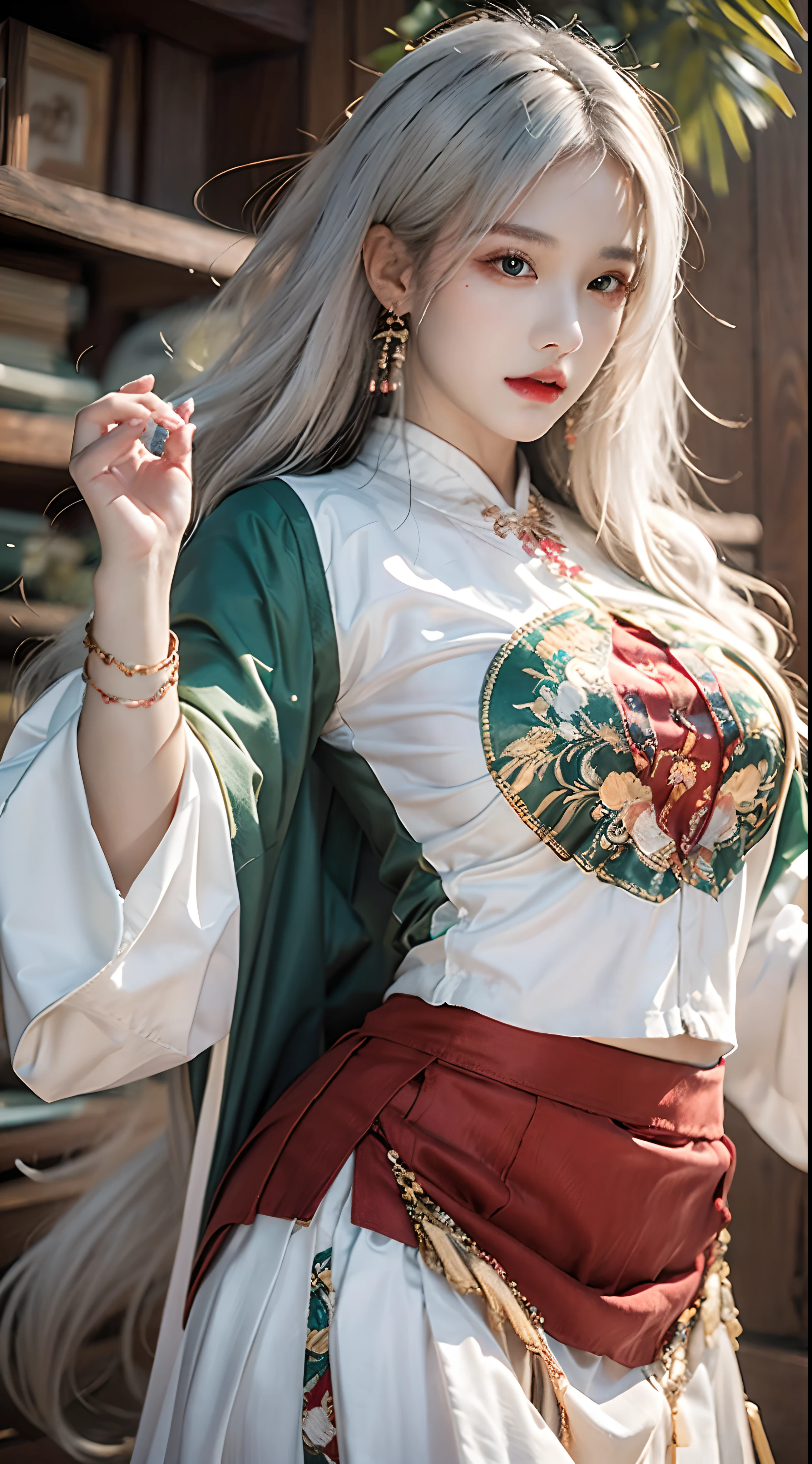 Photorealistic, high resolution, 1 woman, Hips up, Beautiful eyes, Long hair, ringed eyes, jewelry, white hair, green chinese skirt, red chinese shirt