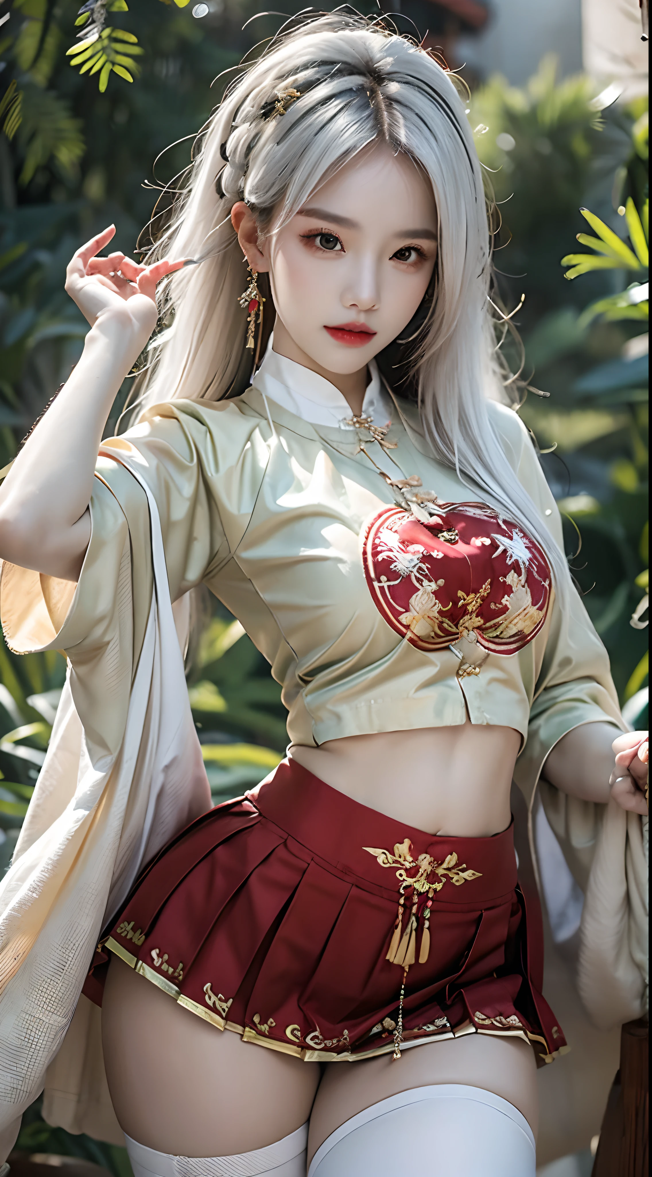 Photorealistic, high resolution, 1 woman, Hips up, Beautiful eyes, Long hair, ringed eyes, jewelry, white hair, green chinese skirt, red chinese shirt