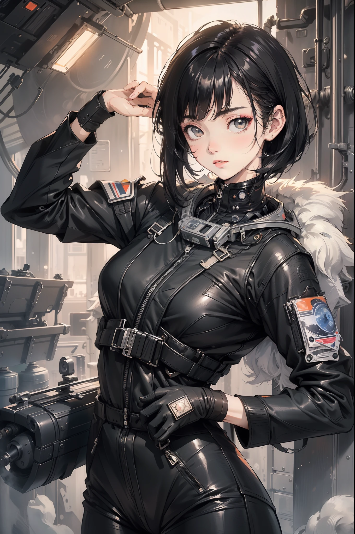 (Highest resolution, distinct_image) Best quality, A woman, Masterpiece, Highly detailed, Half realistic, with short black hair, Black hair, bangs, 18 years old, mature, Black skinny fit, Black flight suit, space backdrop, Cold, Serious, authoritative, Powerful, Refined facial features, Exquisite facial features