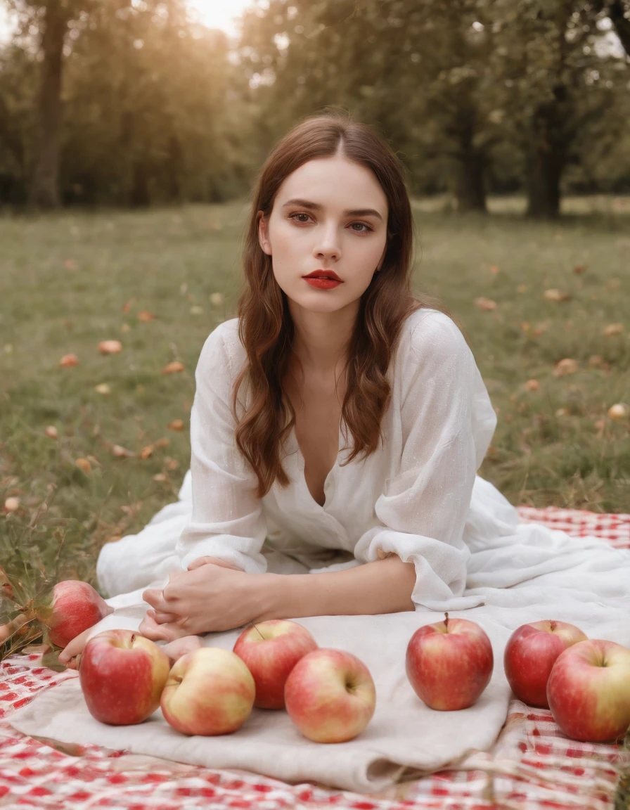 girl  on a picnic blanket with apples and picnic tables, in the style of surreal fashion photography, white and gold, animated gifs, , photo taken with ektachrome, portraits, self-portraits, kawaii chic .