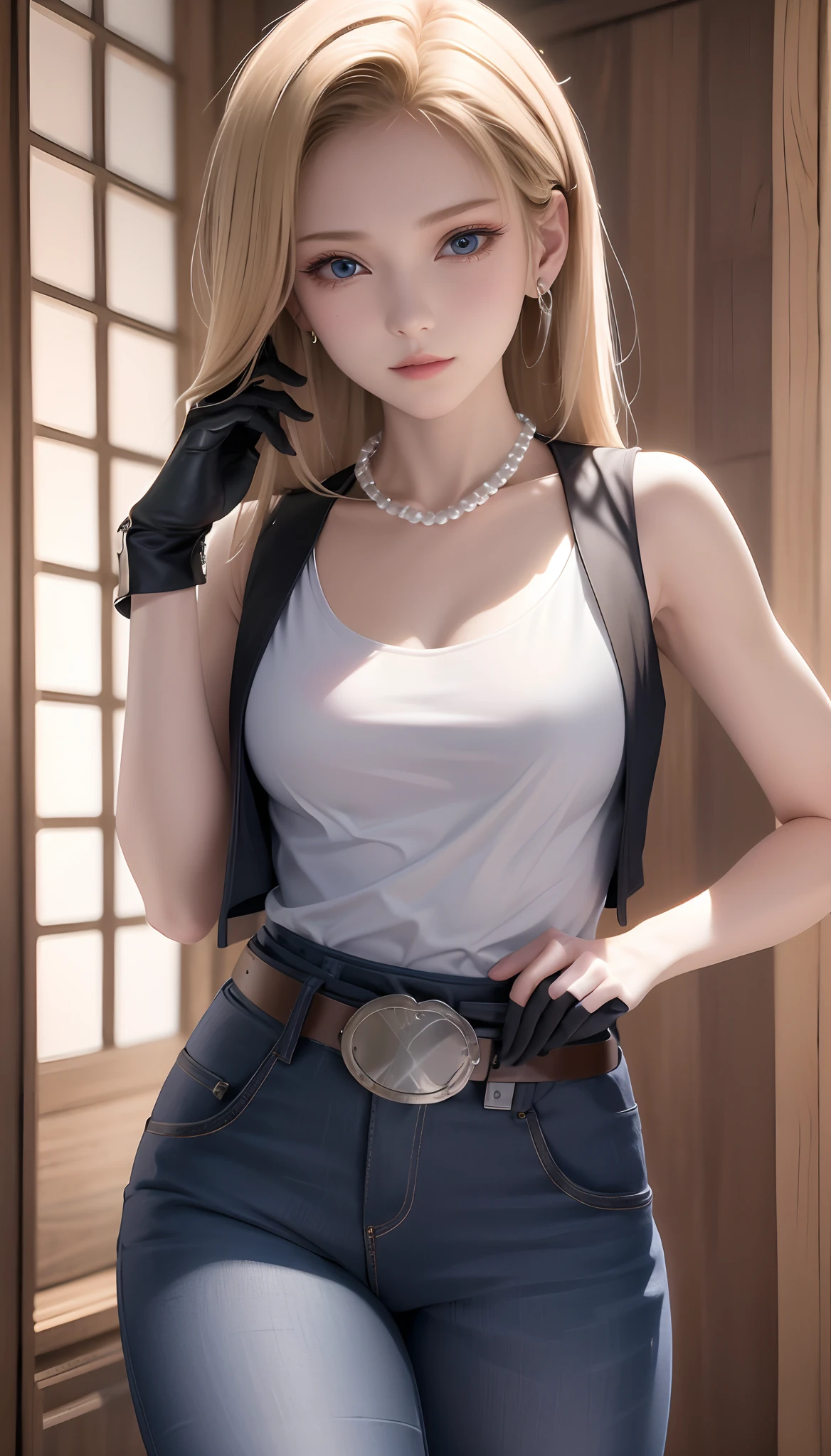 8K、Actual image、intricate detailes、Ultra-detail、(Photorealsitic)、
and18, 1girl in, android 18, blonde  hair, blue eyess, a belt, GENDER, pearls_Necklace, A bracelet, Black Gloves, white  shirt, length hair, shortsleeves, earrings, Blue Pants, open vest, Black vest,
Serene、signature