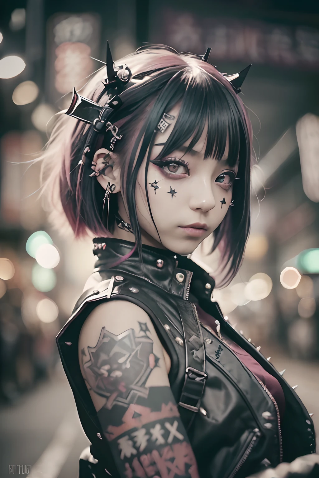 Sleeveless、The tattoo、bright red、Really red、Red、Red-haired、rot、red hairs、head phone、🎧、goth_punk, 1girl in, 独奏, medium shot, Walking in Harajuku, ((during night)), bokeh dof, Neon light, Iridescent eyes, starrysky, red glowing hair, Black eyebrows, Radiant hair, (iridescent red hair), 耳Nipple Ring, bangss, jewely, masks, bluntbangs, verd s eyes, Mouth mask, blurry backround, bblurry, hair adornments, Look at viewers, shorth hair, portraitures, side locks、goth、(masutepiece), (Portrait), (Aesthetic), (Beautiful), (upper blody), (High quality), (aesthetic clothings), (professional angle), (thirds rule), (Feminine), (Woman), (Female), (Beautiful),(Feminine features), (25-years old), Solo, 1 woman, (Charming punk girl), Winters, Dramatic light, ((Playing guitar)), (Standing), Edgy makeup, (Small bust), ((electric guitar)), (Front face), (Defiant expression), ((defiance)), (Leather jackets and tattoos), ((Short hair)), (dyed (E.G. and pinks) hair), (spiky hair), (Thick hair), Matte Shine Hair, (Hair bands scattered in the hair), (Green eyes), (Bold and bold look), (pale skin), (Dark clothes), (Band T-shirt), (Ripped jeans), (-), crew neckline), ((Urban alley background)), (up close shot), Beautiful hands, Two hands, normal hands, Two arms, complete hands, Beautiful body, Beautiful fingers, normal fingers, Five Fingers, Five Fingers, (Thumb index finger ring finger), Beautiful ears, normal ears, Beautiful eyes, shiny eyes, Beautiful mouth, Beautiful lips,