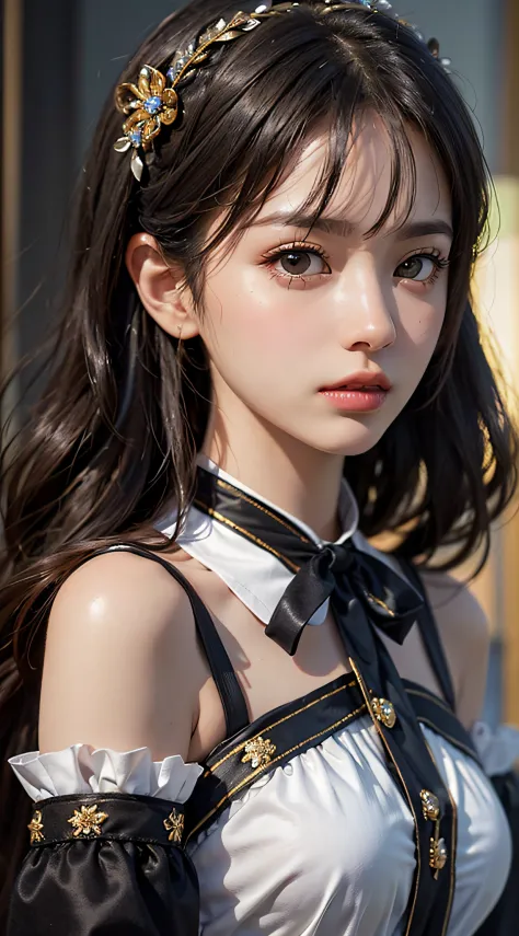 best quality, (photorealistic:1.2), 1girl, solo, detailed face, face focus, standing, black hair,(hair ornament:1.35),office lady, ribbon-trimmed sleeves, detached sleeves, ribbon trim, wide sleeves, (looking at viewer:1.5) long hair, black eyes, bangs, li...