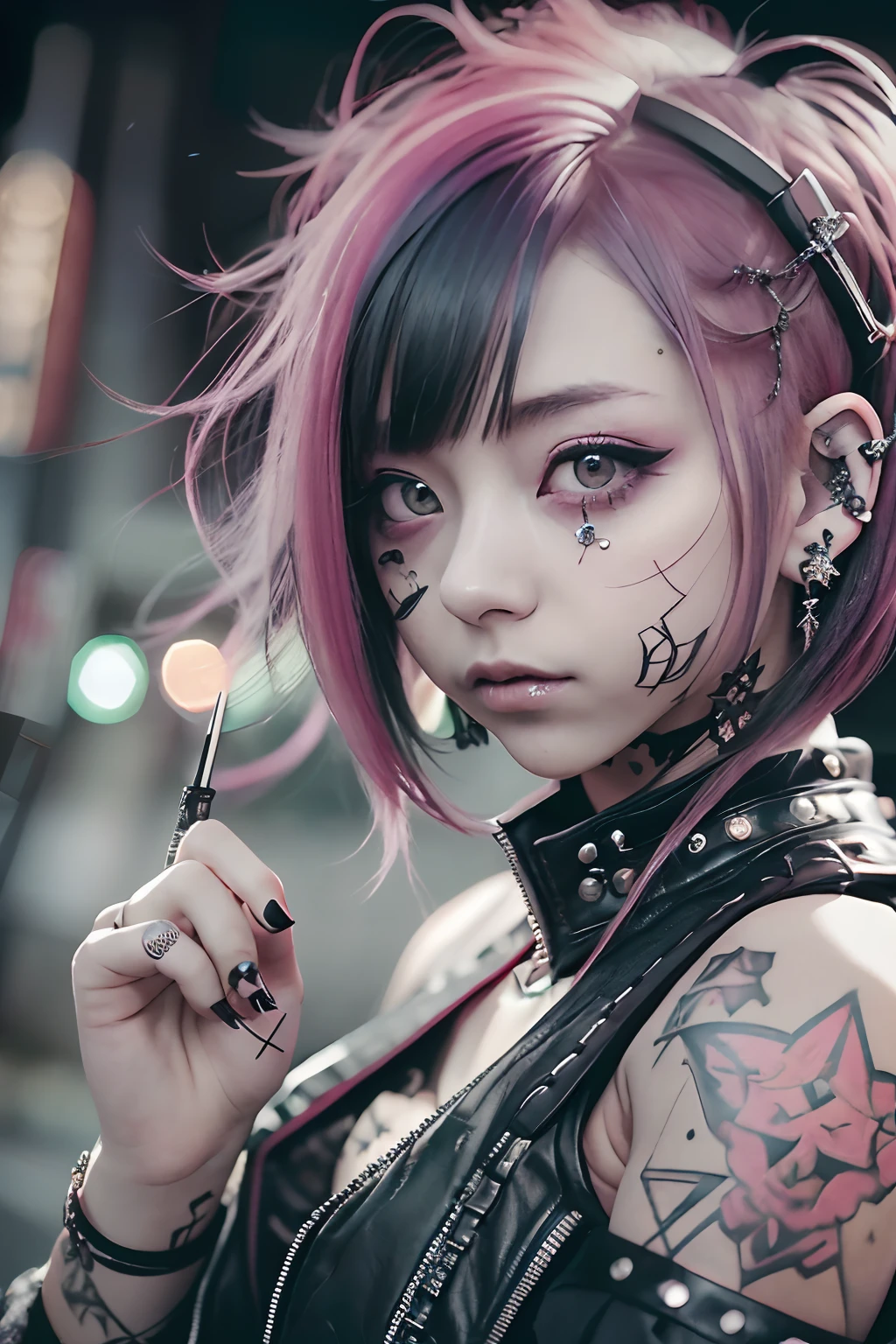 Sleeveless、The tattoo、bright red、Really red、Red、Red-haired、rot、red hairs、head phone、🎧、goth_punk, 1girl in, 独奏, medium shot, Walking in Harajuku, ((during night)), bokeh dof, Neon light, Iridescent eyes, starrysky, red glowing hair, Black eyebrows, Radiant hair, (iridescent red hair), 耳Nipple Ring, bangss, jewely, masks, bluntbangs, verd s eyes, Mouth mask, blurry backround, bblurry, hair adornments, Look at viewers, shorth hair, portraitures, side locks、goth、(masutepiece), (Portrait), (Aesthetic), (Beautiful), (upper blody), (High quality), (aesthetic clothings), (professional angle), (thirds rule), (Feminine), (Woman), (Female), (Beautiful),(Feminine features), (25-years old), Solo, 1 woman, (Charming punk girl), Winters, Dramatic light, ((Playing guitar)), (Standing), Edgy makeup, (Small bust), ((electric guitar)), (Front face), (Defiant expression), ((defiance)), (Leather jackets and tattoos), ((Short hair)), (dyed (E.G. and pinks) hair), (spiky hair), (Thick hair), Matte Shine Hair, (Hair bands scattered in the hair), (Green eyes), (Bold and bold look), (pale skin), (Dark clothes), (Band T-shirt), (Ripped jeans), (-), crew neckline), ((Urban alley background)), (up close shot), Beautiful hands, Two hands, normal hands, Two arms, complete hands, Beautiful body, Beautiful fingers, normal fingers, Five Fingers, Five Fingers, (Thumb index finger ring finger), Beautiful ears, normal ears, Beautiful eyes, shiny eyes, Beautiful mouth, Beautiful lips,