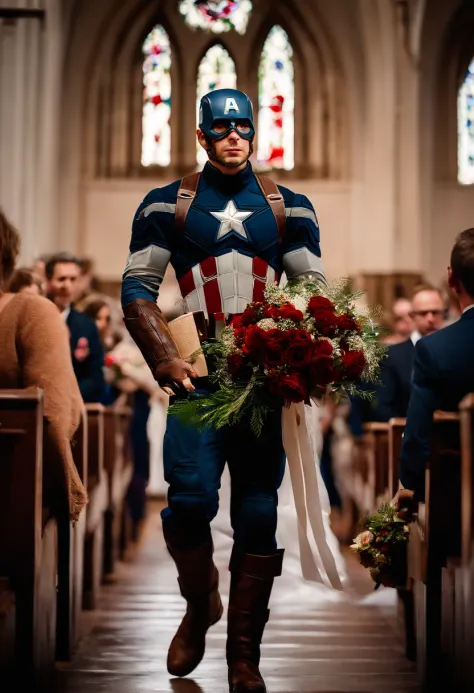 Captain America holding a bouquet walked down the aisle in a