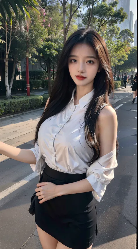 A perfect young female white-collar worker，Chinese big breasts，High picture quality，Works of masters，Black hair，Long hair shawl，Long hair flowing over the shoulders，Beach wave hairstyle，cropped shoulders，鎖骨，exquisite face，Hydrated red lips，flightattendantu...