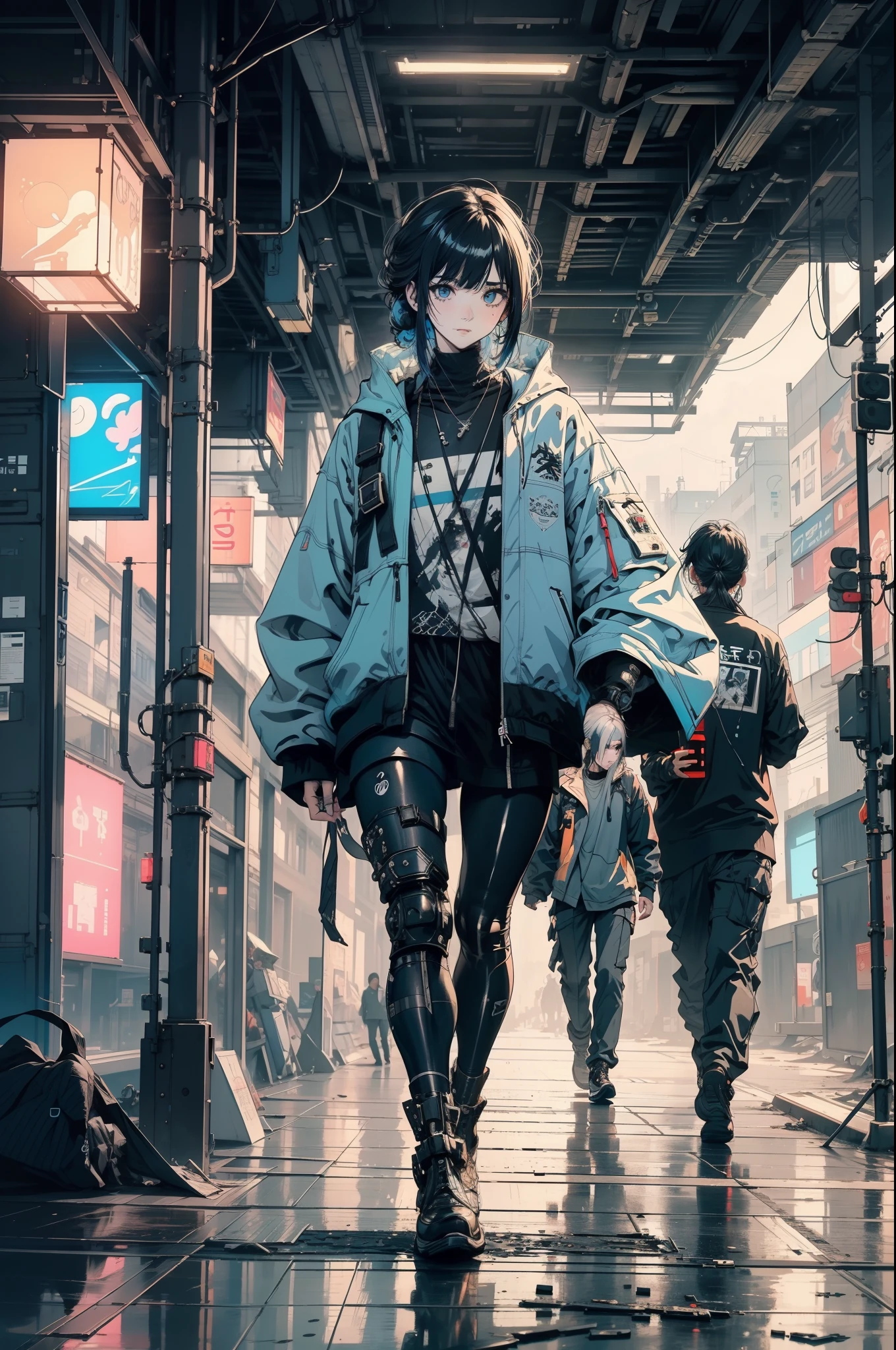(cyberpunk man) Anime drawing of young cyberpunk in Asia, Invisible cyberpunk hair, dynamicposes, posing elegantly, vivd colour, Concept art by Carne Griffiths and Wadim Kashin, cyberpunk backgrouns, abstract beauty, near-perfect, Pure form, Golden ratio, minimalizm, concept-art, intricately details, 8K post-production, high resolution, Super detail, Trend at Artstation, foco nítido, studio photo, intricately details, The is very detailed, Pol Greg Rutkovsky