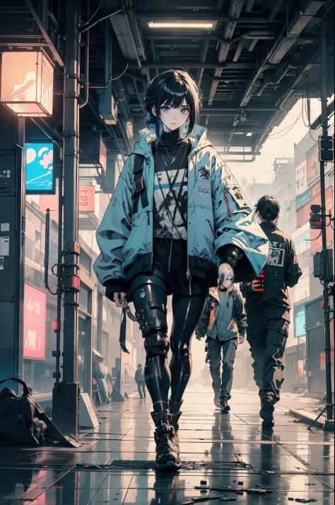 (cyberpunk man) Anime drawing of young cyberpunk in Asia, Invisible cyberpunk hair, dynamicposes, posing elegantly, vivd colour,...