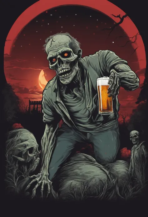 Zombie holding a beer in a graveyard, one red super moon for background. 80 inspired. Vector tshirt design. 80s Digital art