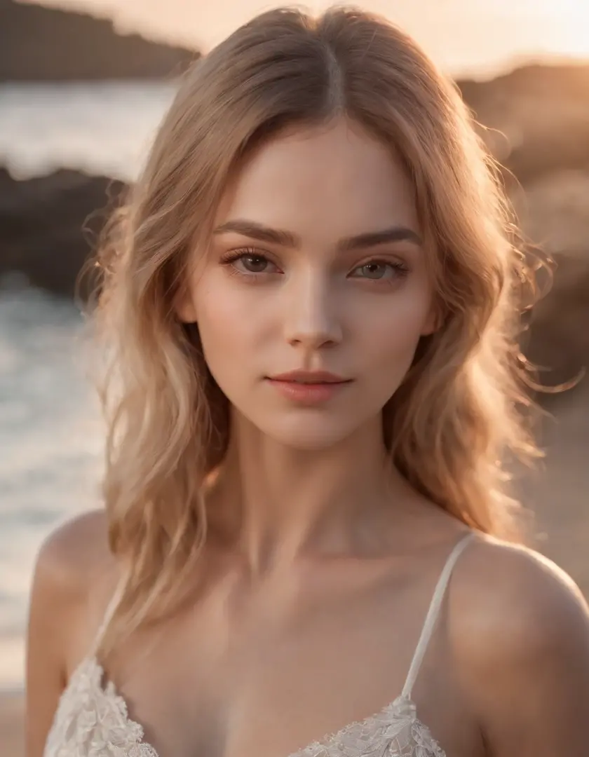 RAW, analog, Nikon Z 85mm,((best quality)), ((masterpiece)), ((realistic)),far fromthe camera image, gorgeous russian woman, blond, 18 year old, posing in a beach, wearing lingerie petite, smile with teeth showing, ((small breasts)),Sunset, contour light， ...