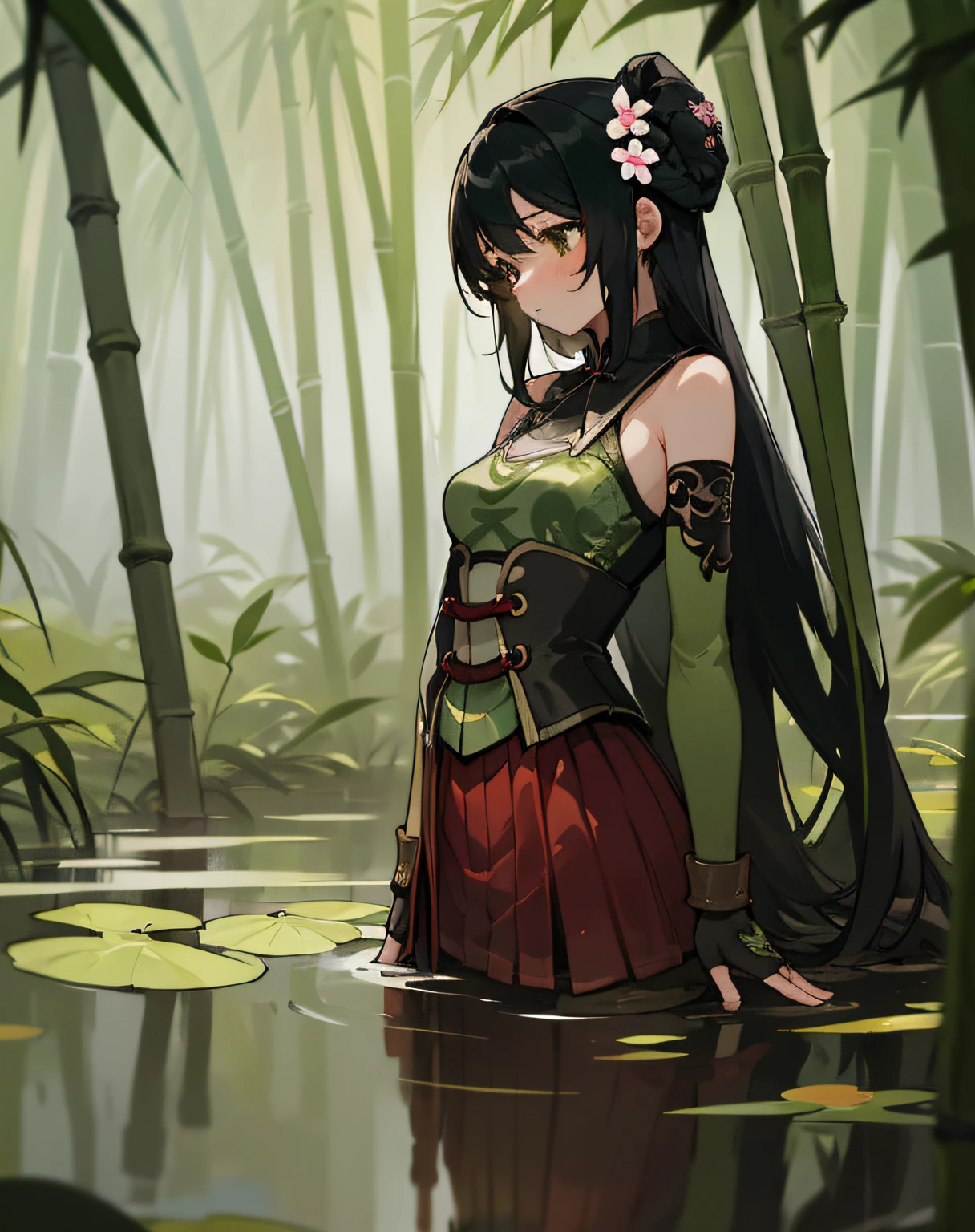 best quality, (masterpiece:1.2), illustration, absurdres,
(1girl, solo), (beautiful detailed girl),
Guan Yinping, black hair, brown eyes, hair ornament, hair flower, small breasts,
green top, bare shoulders, black collar, black corset, red skirt, fingerless gloves, green boots,
in bamboo forest, stand by herself in a pond of mud, swamp,sunk to the breast, thick dull mud, sinking in the mud, drowns in the swamp, muddy ground, thick, opaque mud, marshy terrain, thick fog