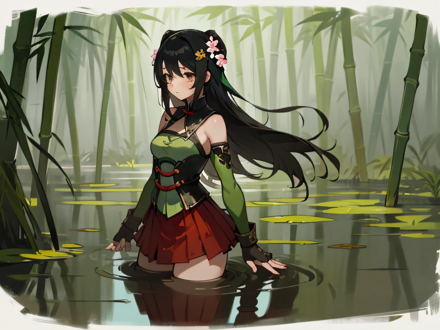 best quality, (masterpiece:1.2), illustration, absurdres,
(1girl, solo), (beautiful detailed girl),
Guan Yinping, black hair, brown eyes, hair ornament, hair flower, small breasts,
green top, bare shoulders, black collar, black corset, red skirt, fingerless gloves, green boots,
in bamboo forest, stand by herself in a pond of mud, swamp,sunk to the breast, thick dull mud, sinking in the mud, drowns in the swamp, muddy ground, thick, opaque mud, marshy terrain, thick fog,sunk to the breast, thick dull mud, arms immersed in mud, sinking in the mud, muddy ground, thick, opaque mud, marshy terrain, thick fog