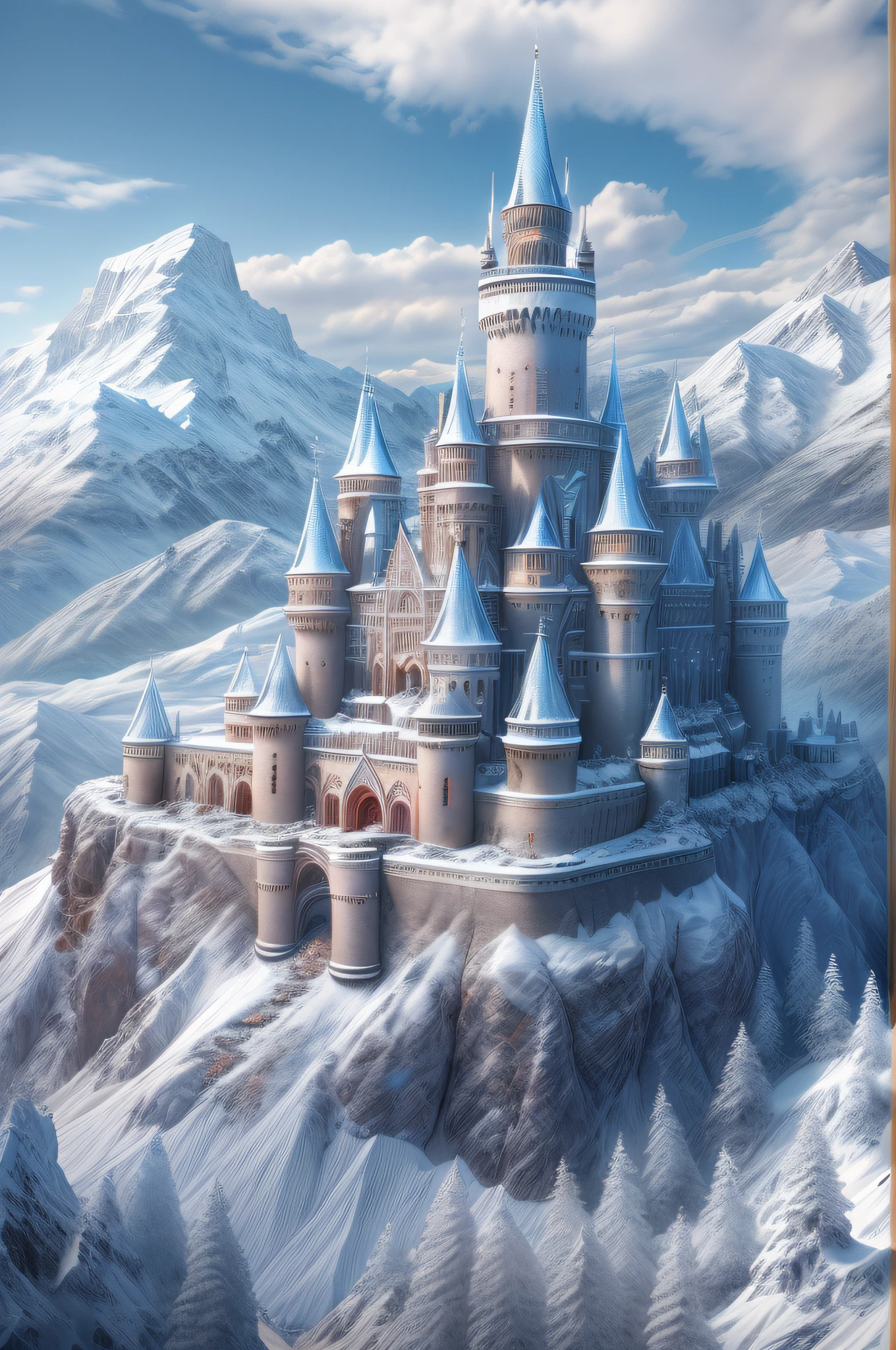 a panoramic illustration of a castle made from ice standing on the peak of a snowy mountain, an impressive best detailed castle made from ice (masterpiece, extremely detailed, best quality), with towers, bridges, a moat filled with water, standing on top of a snowy mountain (masterpiece, extremely detailed, best quality), with pine trees, daylight, sun rays, some clouds in the air,  alpine mountain range background, best realistic, best details, best quality, 16k, [ultra detailed], masterpiece, best quality, (extremely detailed), ultra wide shot, photorealism, depth of field, 3D animation rendering