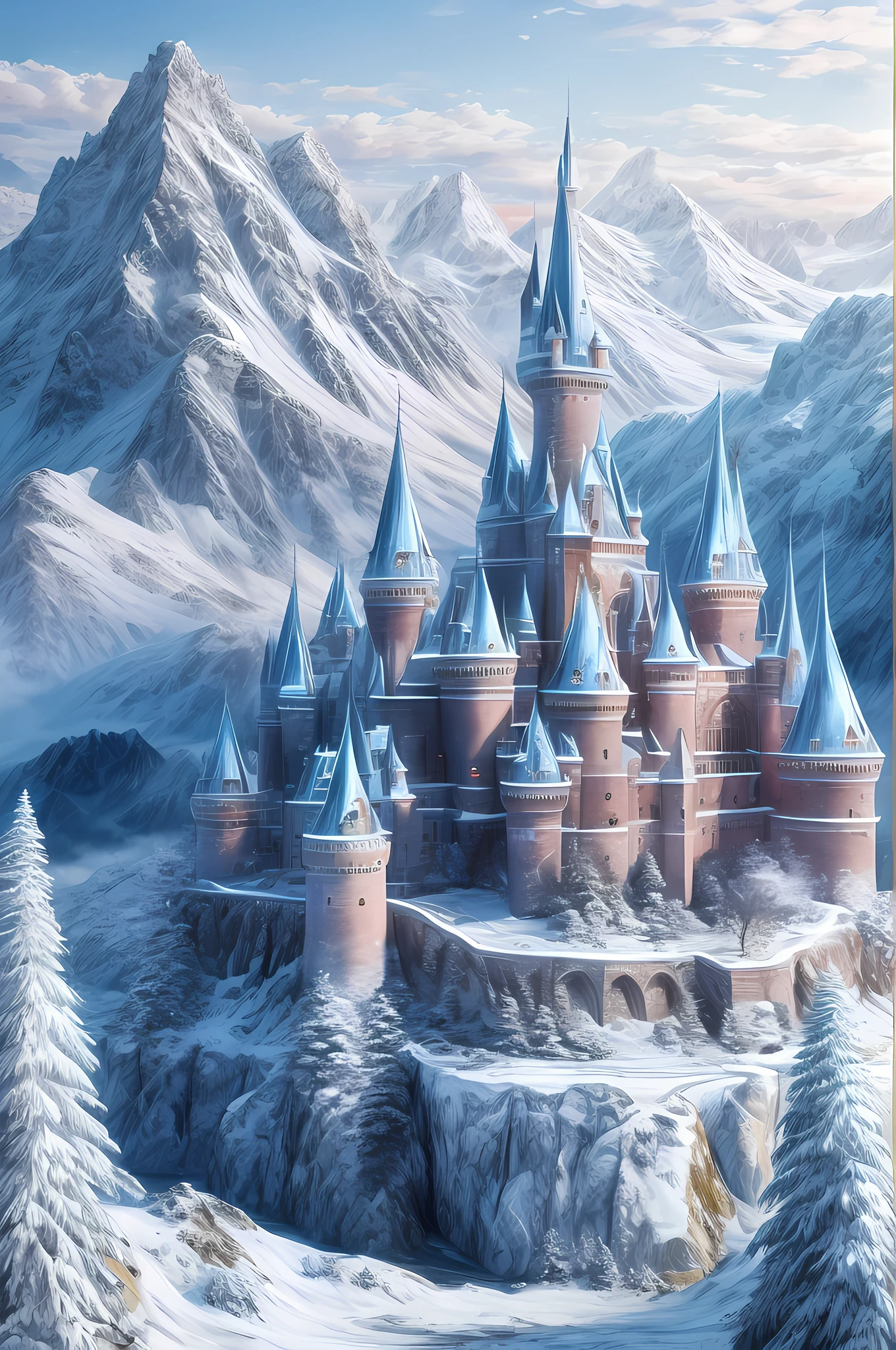 a panoramic picture of a castle made from ice standing on the peak of a snowy mountain, an impressive best detailed castle made from ice (masterpiece, extremely detailed, best quality), with towers, bridges, a moat filled with water, standing on top of a snowy mountain (masterpiece, extremely detailed, best quality), with pine trees, daylight, sun rays, some clouds in the air,  alpine mountain range background, best realistic, best details, best quality, 16k, [ultra detailed], masterpiece, best quality, (extremely detailed), ultra wide shot, photorealism, depth of field, made_of_ice