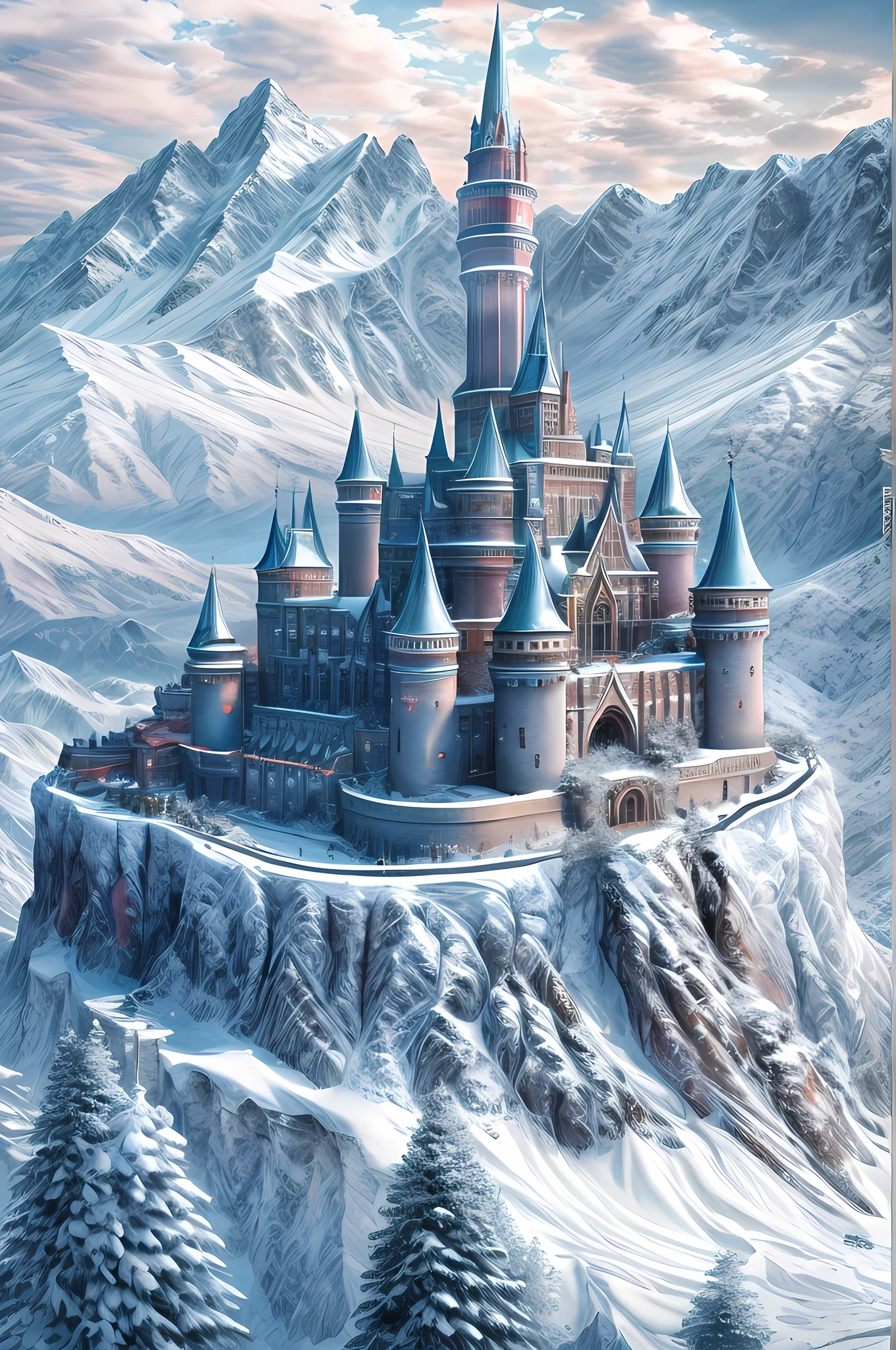 a panoramic picture of a castle made from ice standing on the peak of a snowy mountain, an impressive best detailed castle made from ice (masterpiece, extremely detailed, best quality), with towers, bridges, a moat filled with water, standing on top of a snowy mountain (masterpiece, extremely detailed, best quality), with pine trees, daylight, sun rays, some clouds in the air,  alpine mountain range background, best realistic, best details, best quality, 16k, [ultra detailed], masterpiece, best quality, (extremely detailed), ultra wide shot, photorealism, depth of field, made_of_ice