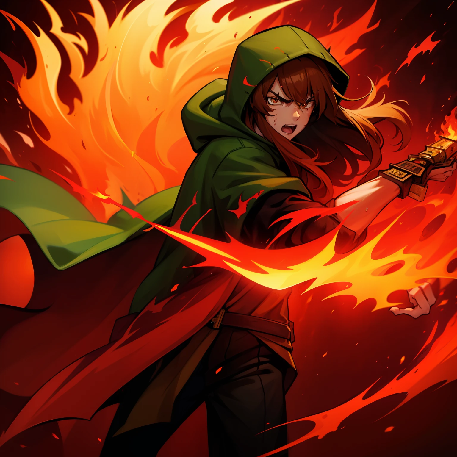 1人,棕色長髮, 超大綠色連帽衫, 狂怒, 火焰眼, 血, 4k, 手持燃燒的劍, 年輕人,