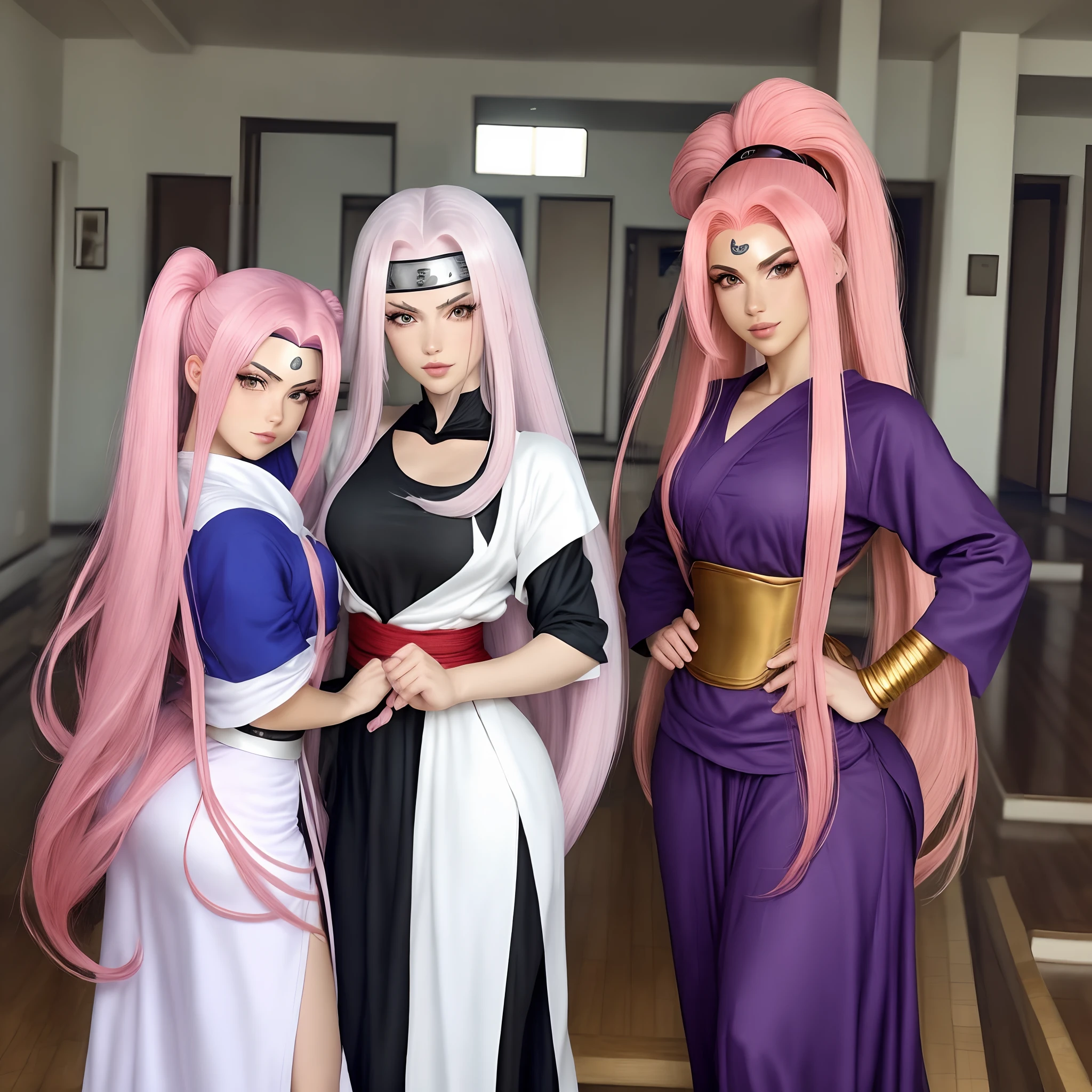 Three women in cosplay costumes posing for a picture - SeaArt AI